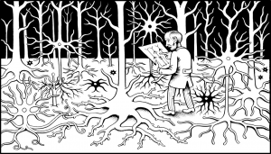 Illustration of a forest made of brain neurons and an older gentleman looking at a map amongst the dendrites