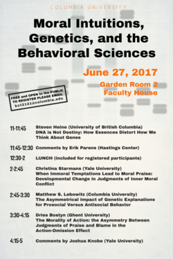 Moral Institutions, Genetics, and the Behavioral Sciences event poster with schedule