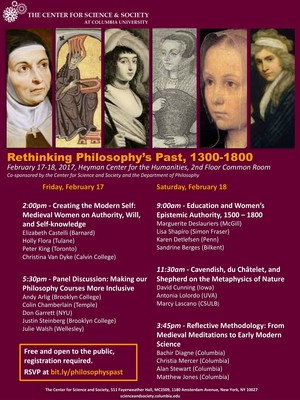 A flier with photos of various female philosophers from 1300-1800 on a purple background