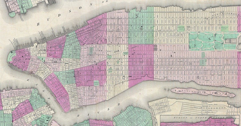 Old map of New York City with color coded neighborhoods