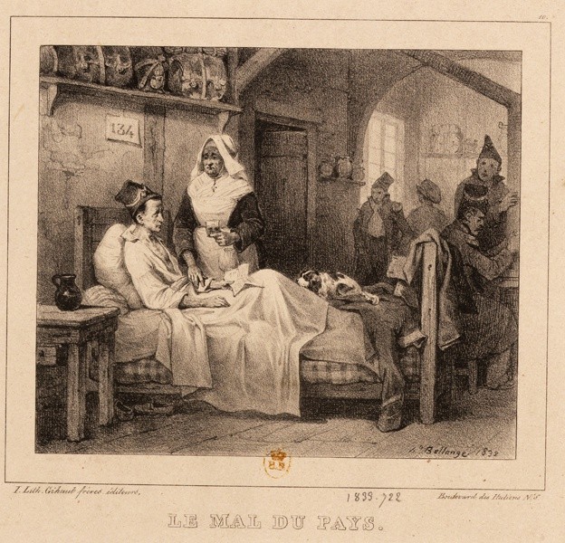 Print of nurse attending to patient in 17th century