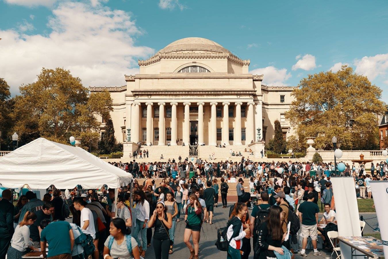 Image of students gathering on Low Plaza at Columbia University. 