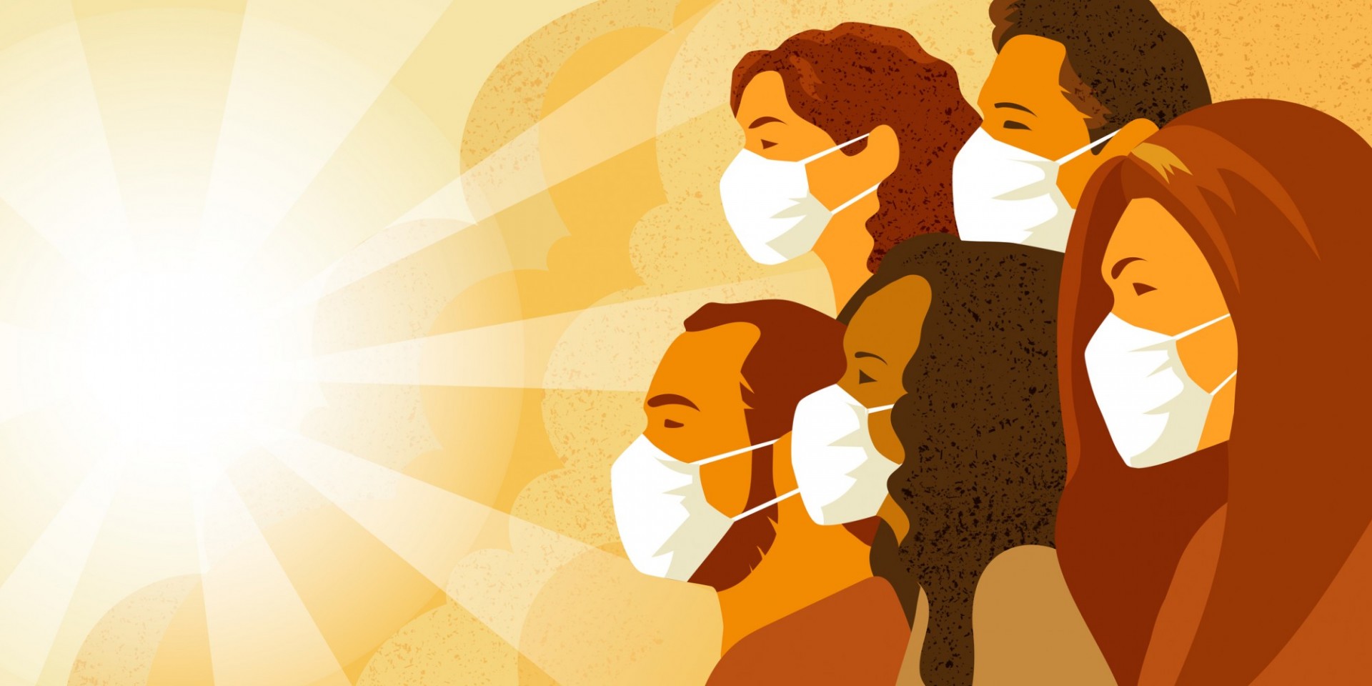 Illustration of young people wearing masks and looking towards the sun.