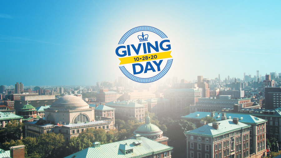 Overhead image of Columbia University with Columbia Giving Day 2020 logo. 