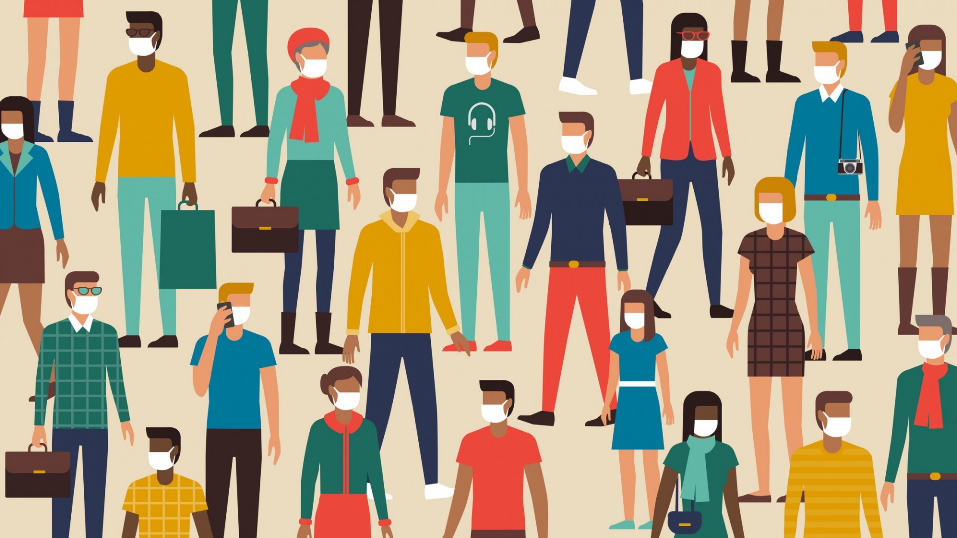 Graphic of people at work wearing masks.
