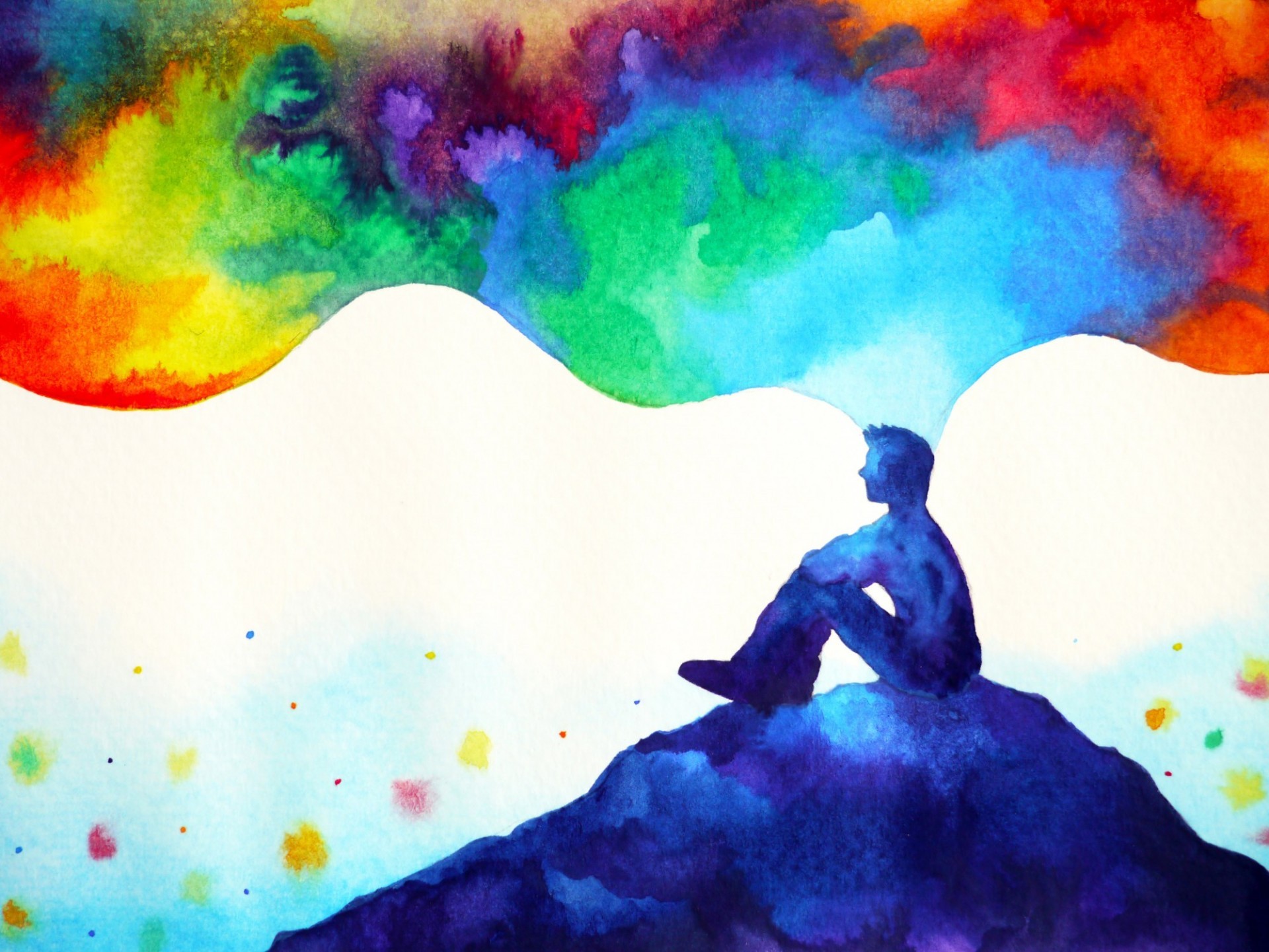 graphic of a man sitting on a mountain with a rainbow above.
