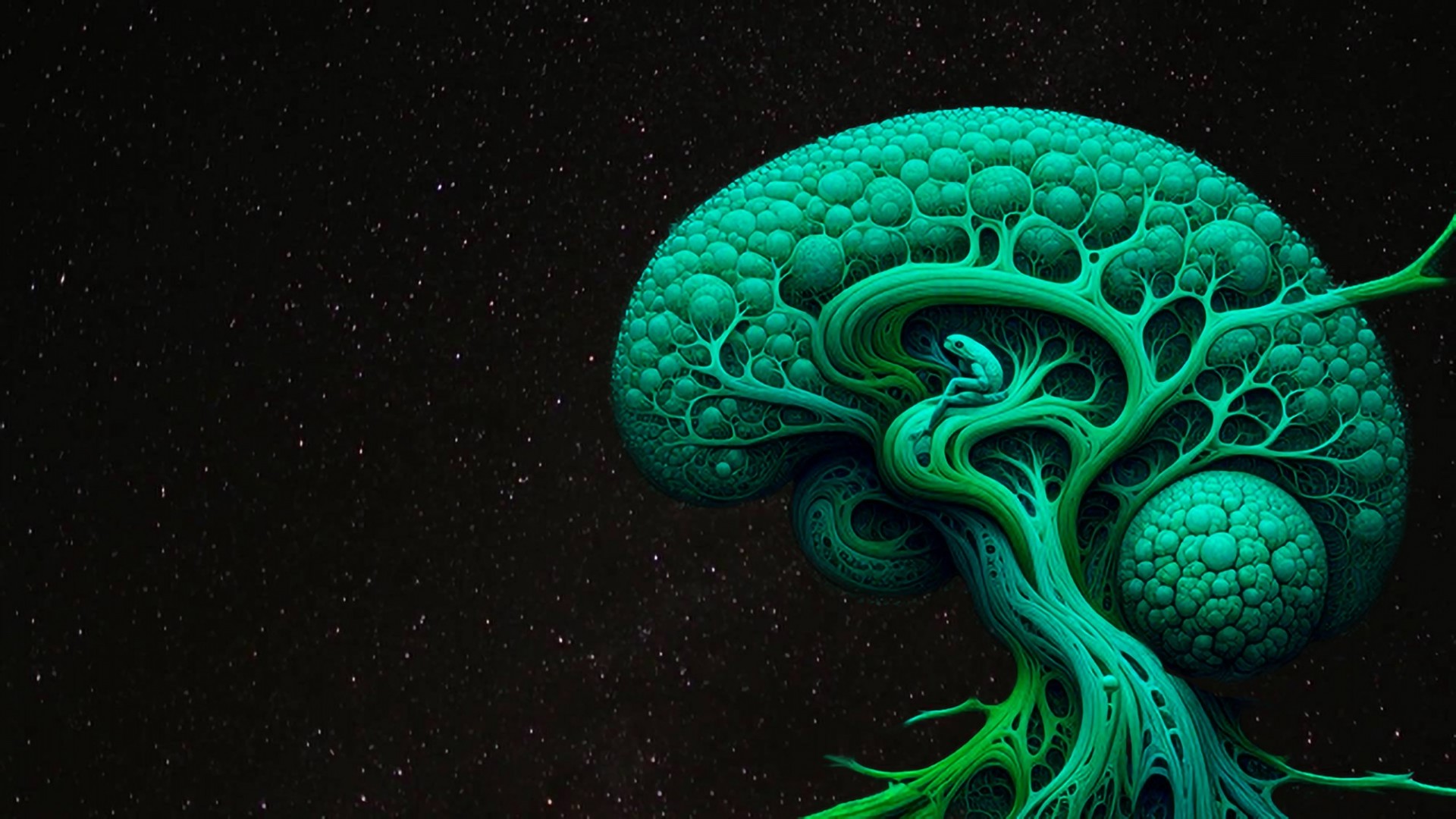 Green-tinted graphic of brain with a frog posed in the middle. 