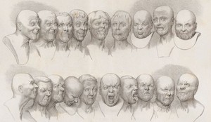 A series of illustrated heads with different facial expressions on a beige background