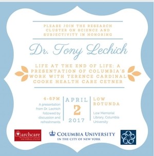 Graphic image of the Anthony Lechich celebration, primarily designed in light blue and white