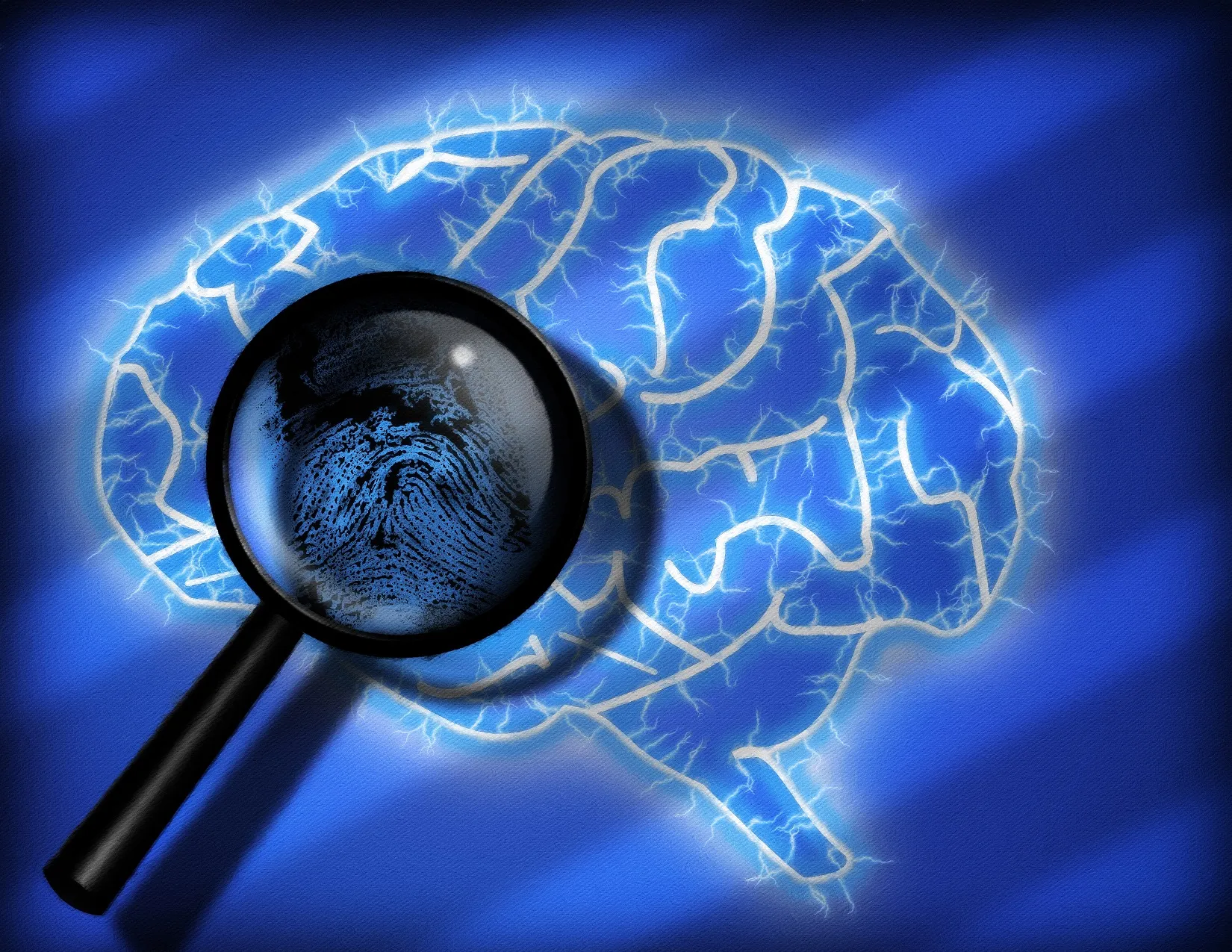 mage of a magnifying glass over a brain with a fingeprint