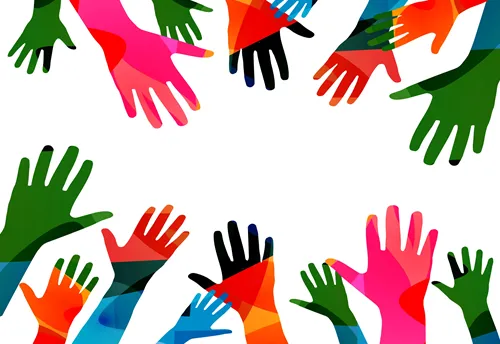 graphic of multicolored hands. 