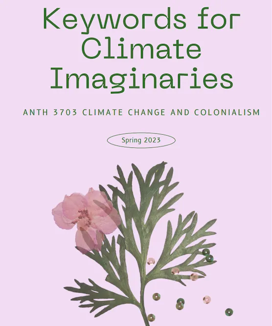 Front cover fo the "Keywords for Climate Imaginaries" zine featuring pressed flowers. 