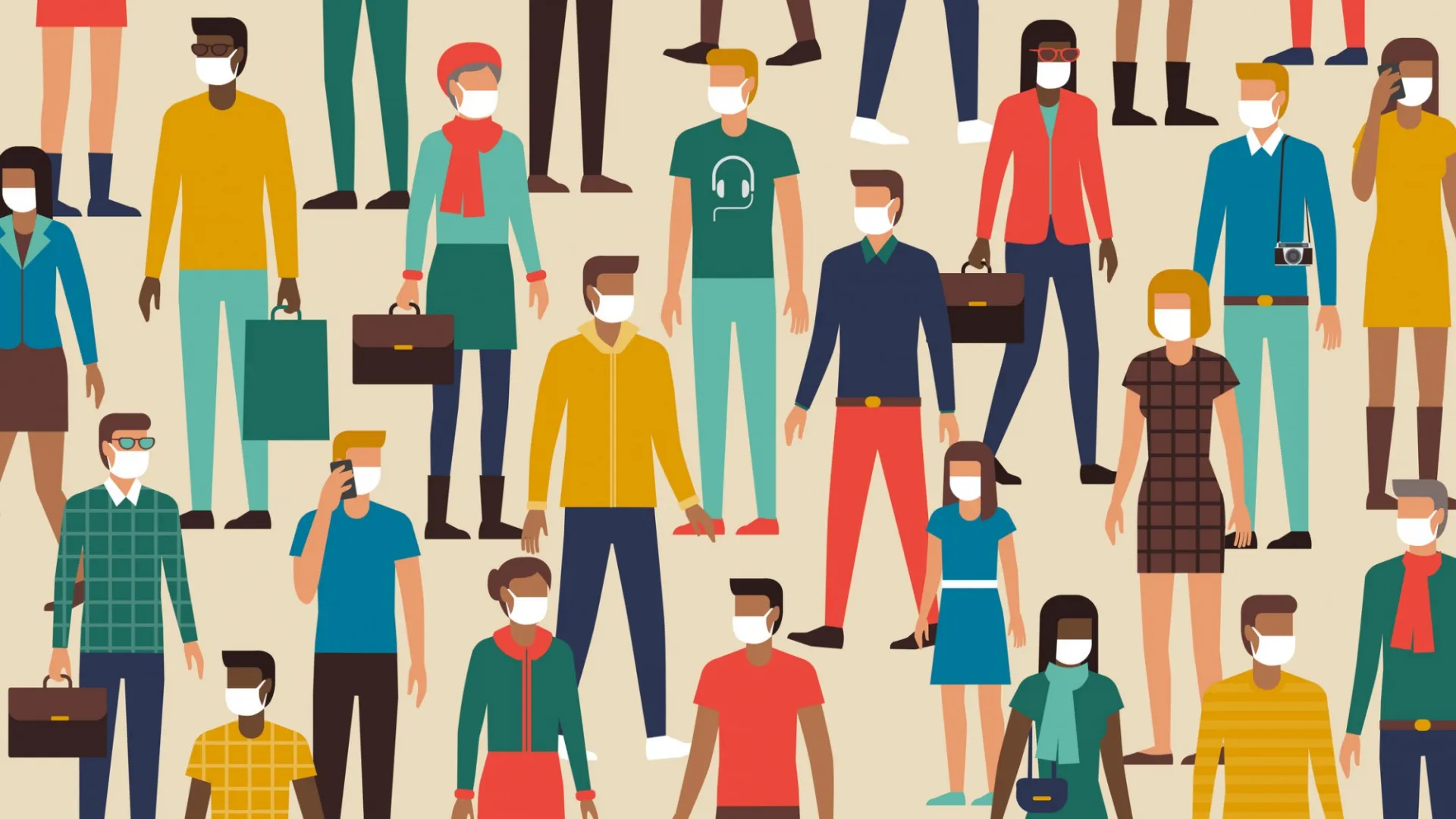Graphic of people at work wearing masks. 