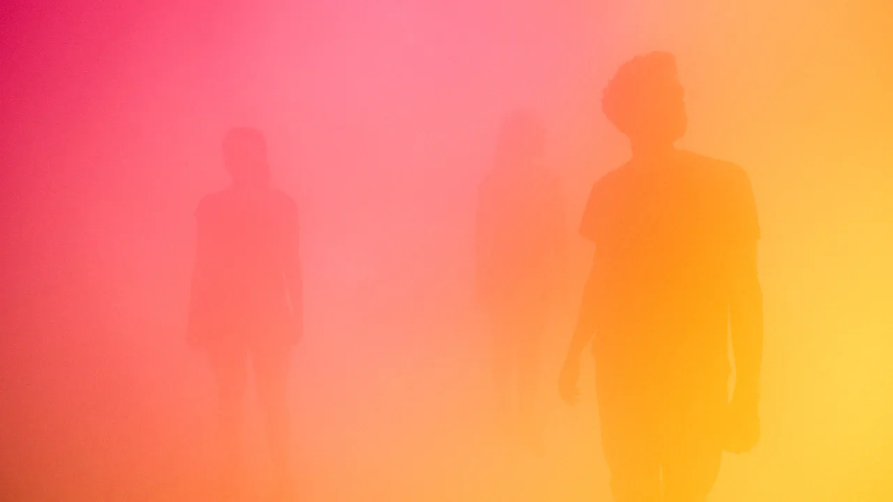 multiple colored image of silhouettes behind fog. 