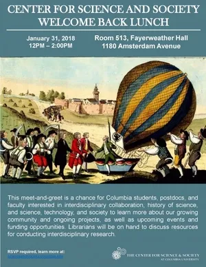 Center for Science and Society Welcome Back Lunch poster with blue background