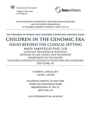 White poster of Maya Sabatello "Children in the Genomic Era" event